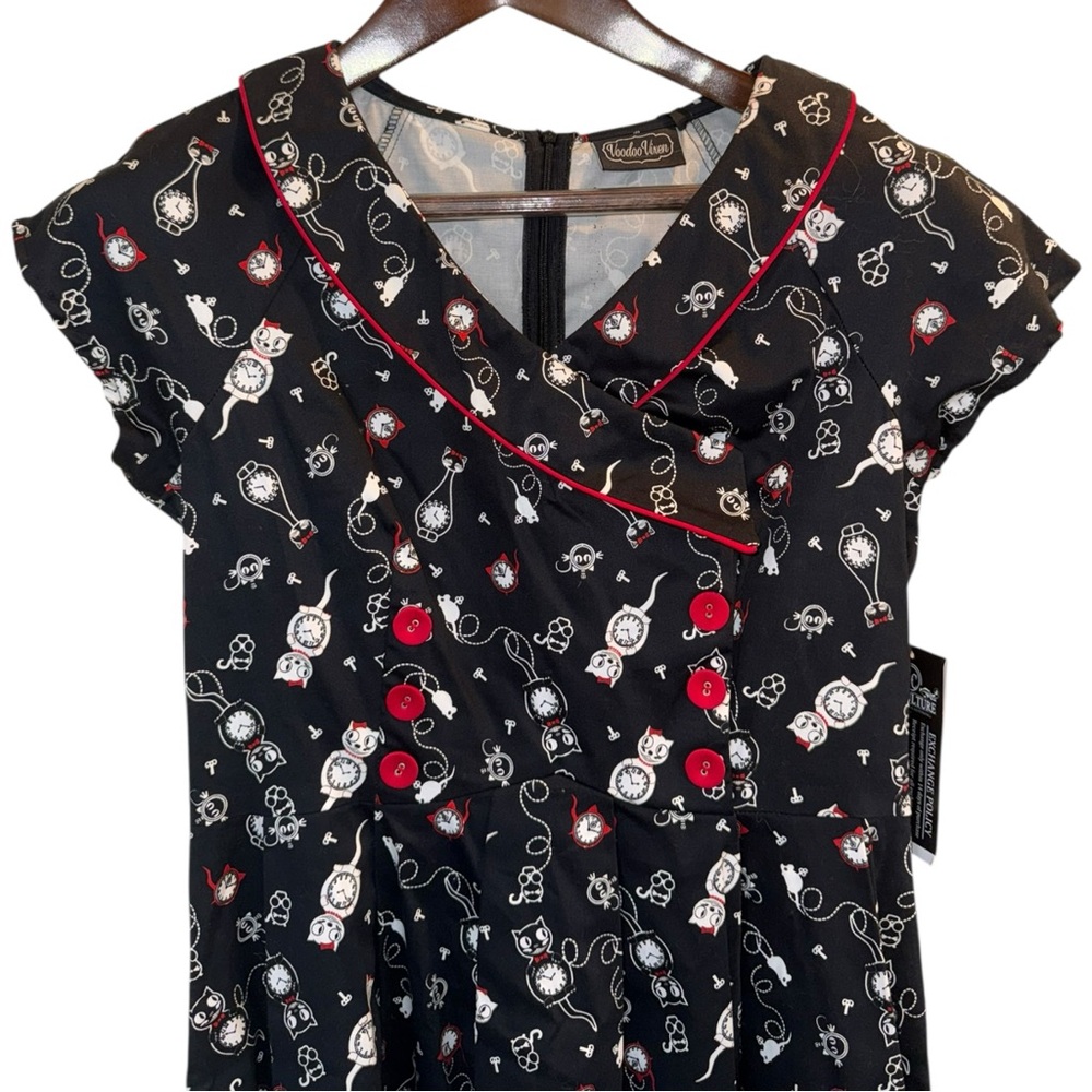 Today only $50 Voodoo Vixen Felix the Clock Cat Print Retro Dress NWT Rockabilly - Picture 4 of 16